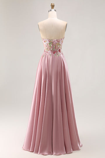 Sweetheart A Line Appliqued Grey Pink Long Prom Dress With Slit